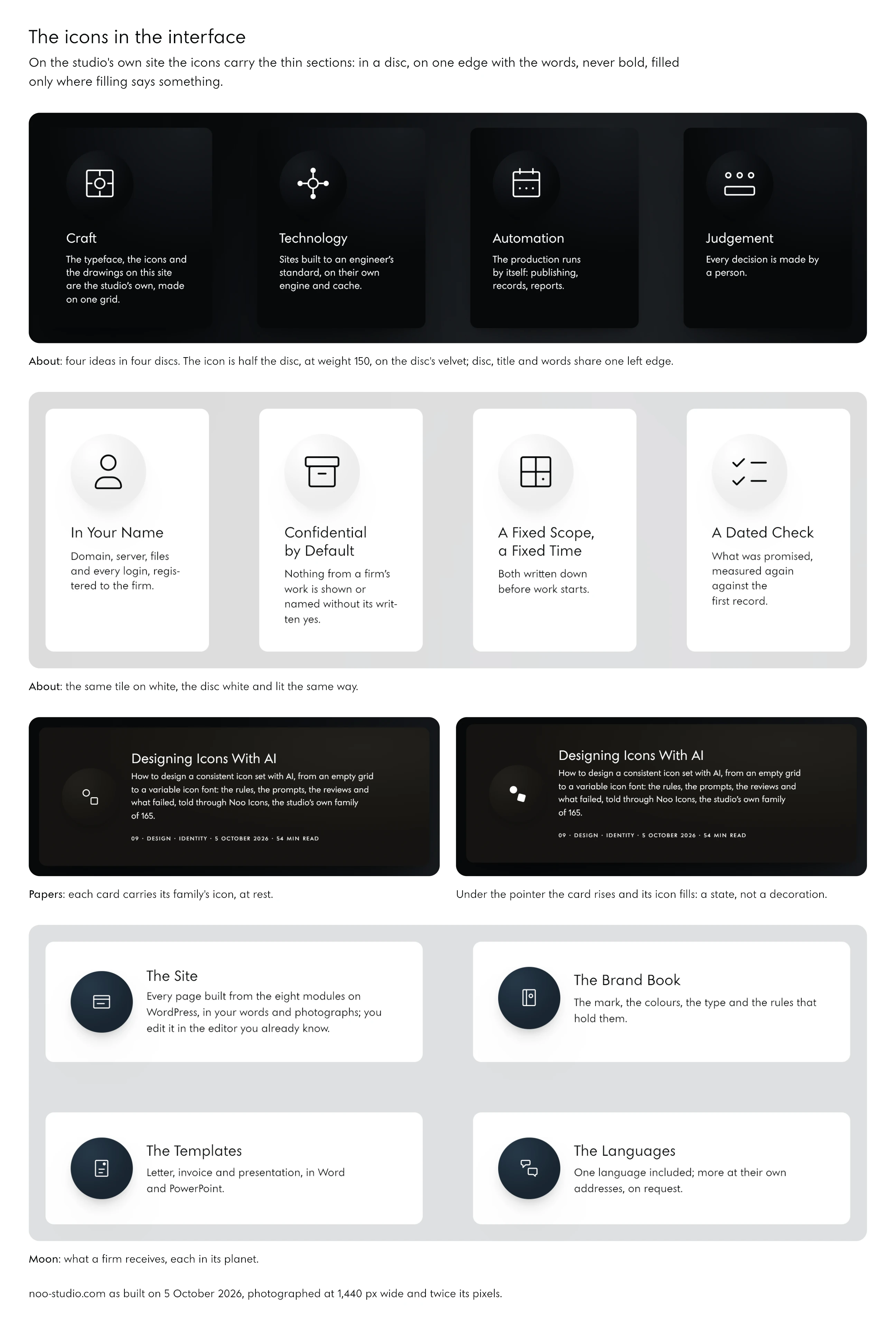 Screenshots of Noo Icons on the studio's own site: four dark tiles on the About page, each with an icon at weight 150 in a dark disc; the same tile on a white sheet; a paper card with its family's icon at rest and under the pointer, where the card rises and the icon fills; and the tiles of what a firm receives on the Moon page, each icon in a disc.